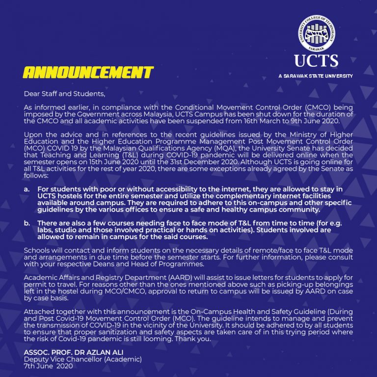 Read more about the article Announcement on UCTS Teaching & Learning Implementation and On-Campus Health and Safety Guideline